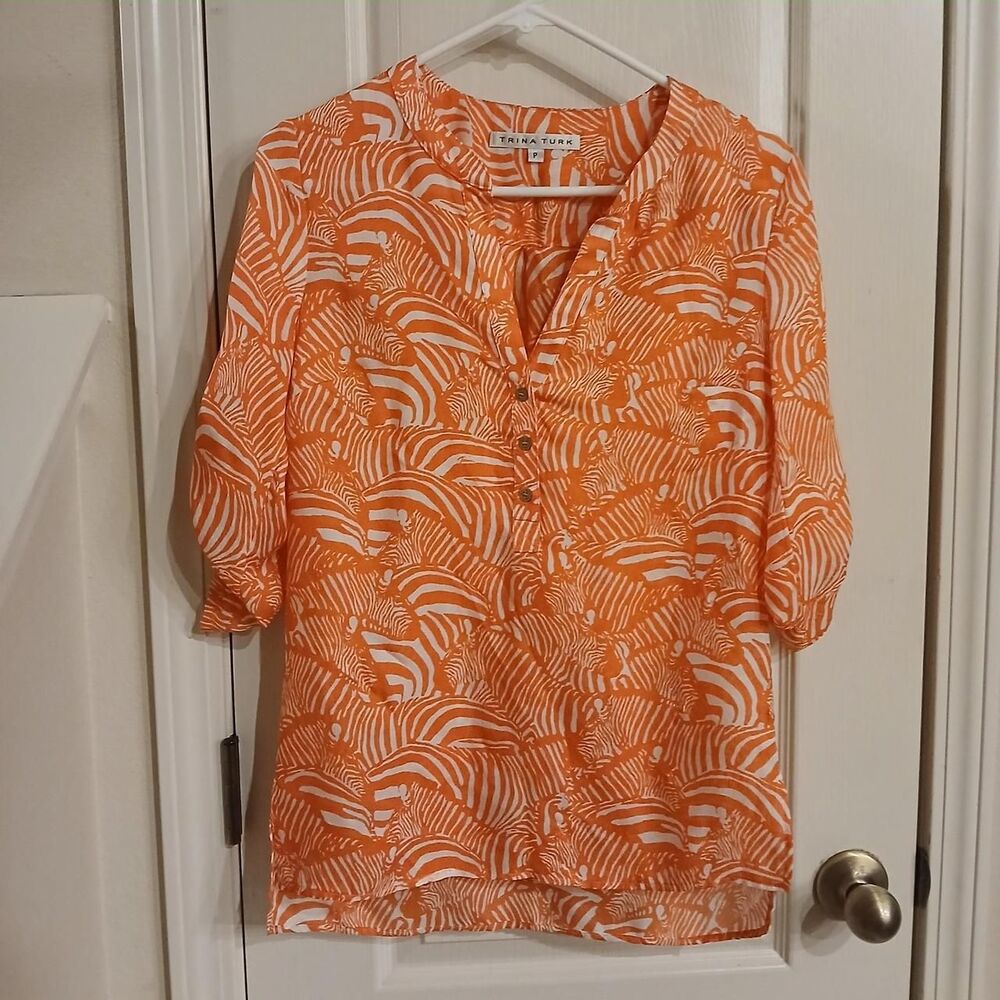 Trina Turk 100% silk orange/white zebra print blouse 3/4-length sleeves Dopamine
